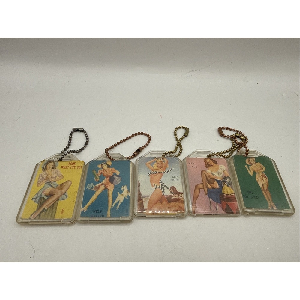 5 - Vintage Pinup Women Tease Keychains Slip Knot, Heat Wave, The High-Way EUC